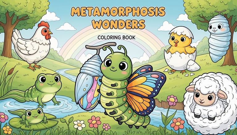 buku mewarnai hewan metamorfosis dengan karakter kupu-kupu, ulat ayam  dan katak