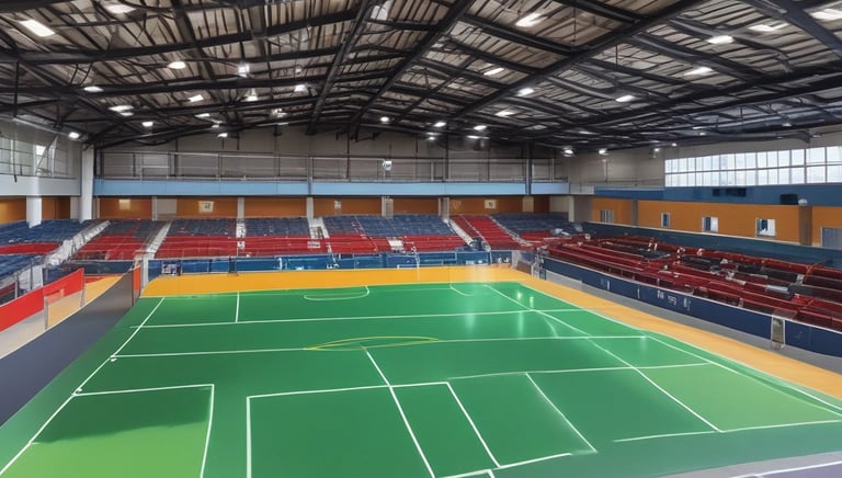 Aerial view of outdoor sports courts displaying multiple basketball and tennis courts positioned side by side. The courts are painted with green playing surfaces and red surrounding areas, with white and yellow boundary lines. The basketball courts feature hoops and painted three-point arcs and key areas, while the tennis courts include service lines and baselines.