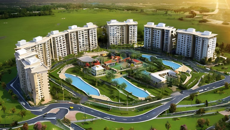 a large apartment complex with a swimming pool and a swimming pool