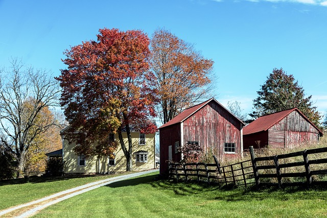 a red barn with a red barn in the background