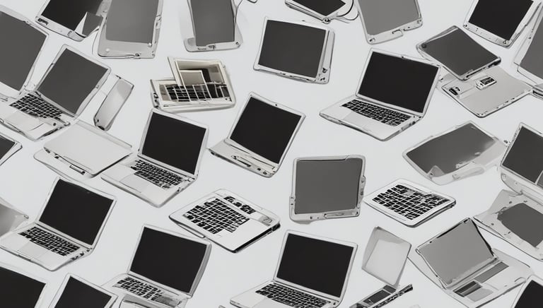 A computer monitor displays a webpage from HelpDesk Heroes, featuring a contact address and email. Social media icons including Facebook, LinkedIn, Twitter, Instagram, and Pinterest are visible. The screen also shows a Trustpilot rating. A stack of cookies is partially visible at the bottom of the image, and part of a keyboard can be seen in the foreground.