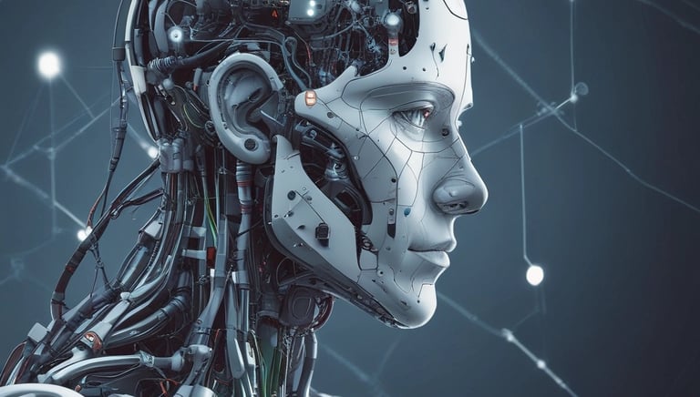 A futuristic and digital-themed image features a stylized circuit board with the words 'Open AI' in bold, glowing letters. Above it is a design that resembles an AI or robot face with neon accents. The background consists of a network of interconnected blue lines and nodes, suggesting themes of technology and connectivity.