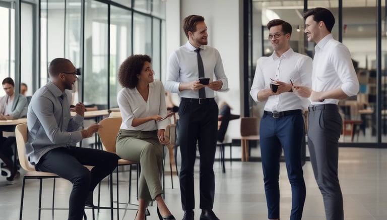 A group of professionals discussing safety measures in an office environment.