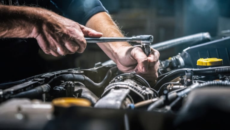 A mechanic using a wrench to work on a gearbox component inside a mining vehicle.