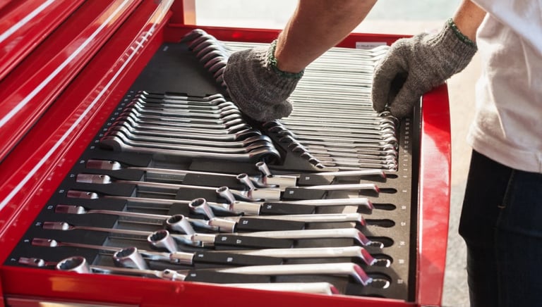 A red toolbox with organized wrenches, with a mechanic wearing gloves reaching for a tool.