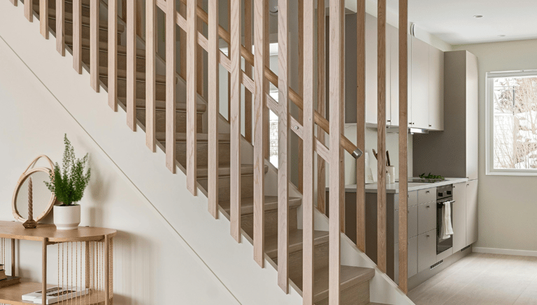 Modern interieur met strak gekitte trapafwerking en naadloze aansluiting rondom de keuken