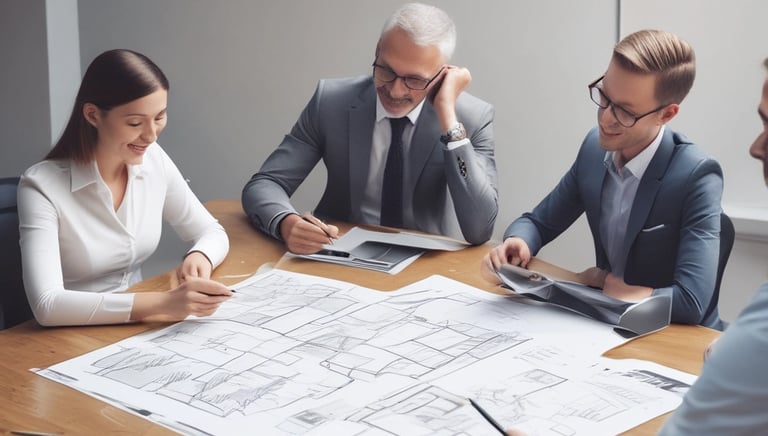 A multi-story building with a business on the ground floor displaying a sign for an architectural company. The facade includes balconies with railings. In front of the entrance, there is a table covered with a red cloth, adorned with decorative floral arrangements. Motorbikes are parked along the sidewalk and there are some potted plants on a ledge above the entrance.