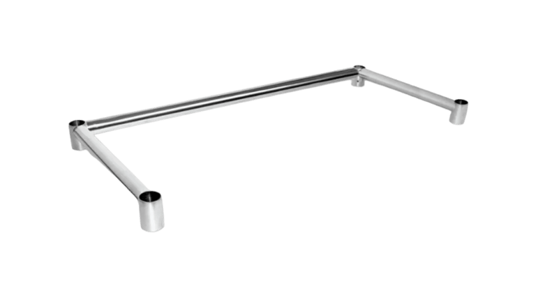 Stainless steel leg brace for stabilizing kitchen work benches.