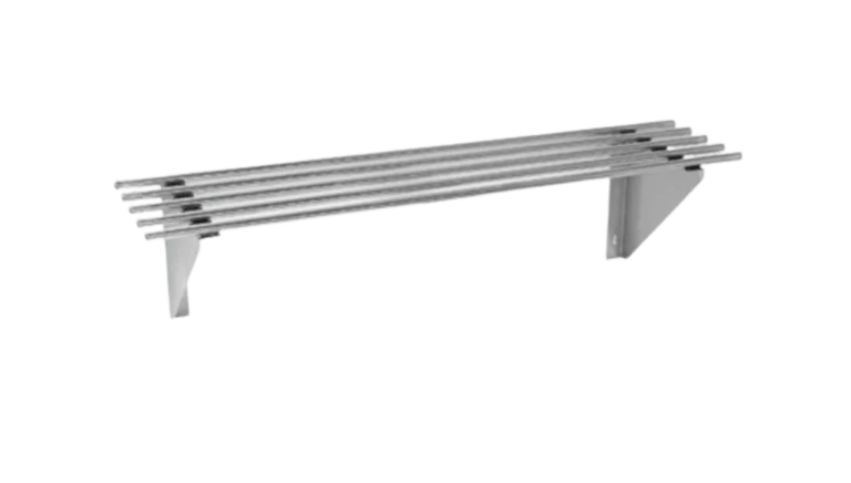 Stainless steel pipe wall shelves with heavy duty brackets for commercial use.
