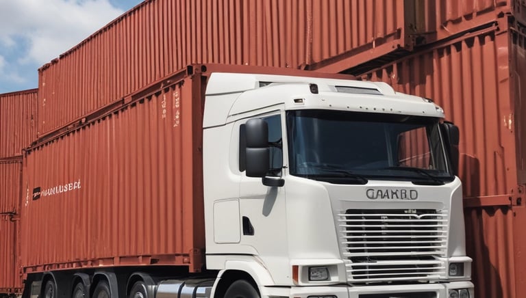 A moving truck with company branding is parked next to an open shipping container on a trailer. Two people are handling items near the container, while a car is parked in the background. The sky is overcast, and the ground appears to be asphalt.