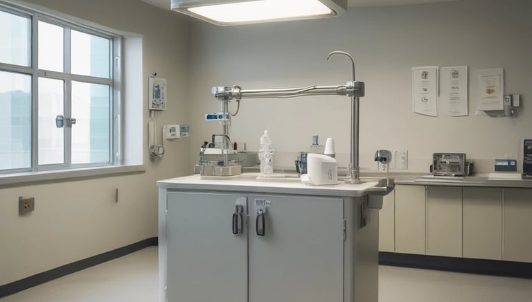 The image depicts a clean and modern hospital room featuring a hospital bed with advanced monitoring equipment attached. The room is well-lit with ceiling lights and has a large window with blinds, allowing natural light to enter. The floors are made of polished wood, and there are neutral-colored walls. Medical equipment and a computer monitor are suspended above the bed, contributing to the sterile and professional atmosphere of the room.