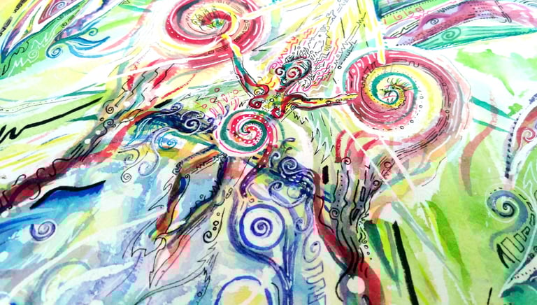 Aquarelle aux tons colorés entre l'abstrait et le cocret, pouvant représenter une frontiere entre mer et ciel, un uterus, etc