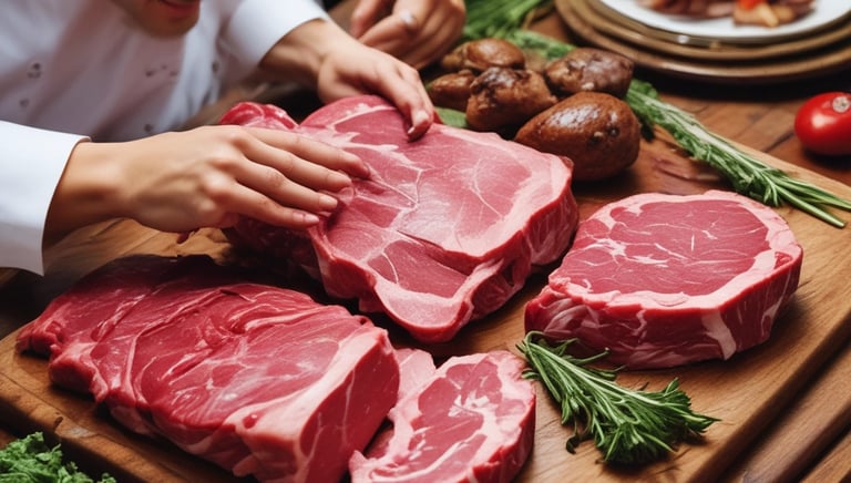 Various types of cured meats, including sausages, hams, and a packaged pancetta, are hanging from hooks. The meats are arranged on a wall, showing a rustic and artisanal display. Cooking tools with wooden handles are also hanging next to the meats.