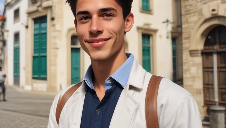 A young student in a white shirt and red tie sits at a wooden desk, holding a pencil poised above an open notebook. Behind him, two other students in similar attire are blurred in the background, suggesting a classroom environment decorated with a colorful chart on the wall.