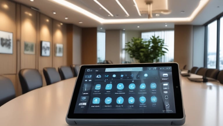 A dimly lit environment with a focus on an illuminated sound mixing console. The console's lights and screens stand out against the dark background, hinting at an audio or concert setup.