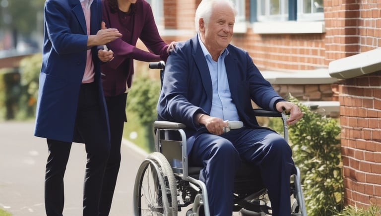 A compassionate nurse assisting an elderly patient in a bright care home setting.