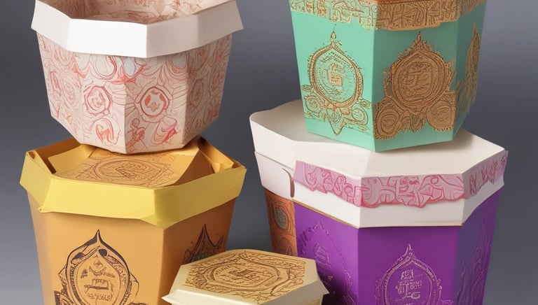 Close-up of a neatly packed biriyani box with vibrant branding on a rustic wooden table.