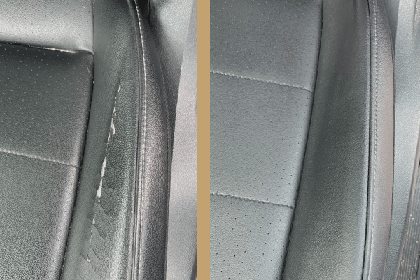 Before and after comparison of a professional leather car seat repair for a cracked bolster.
