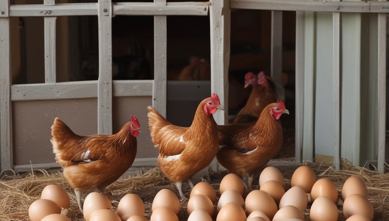 a group of chickens in hay with fresh eggs