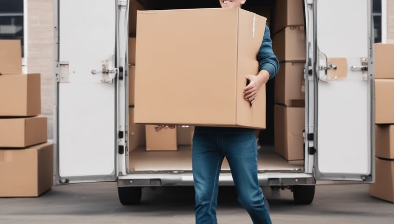 A person in a white shirt is maneuvering a large white furniture piece on a wheeled dolly across a street. Palm trees are visible in the background, suggesting a warm climate. The scene has a vintage filter effect.