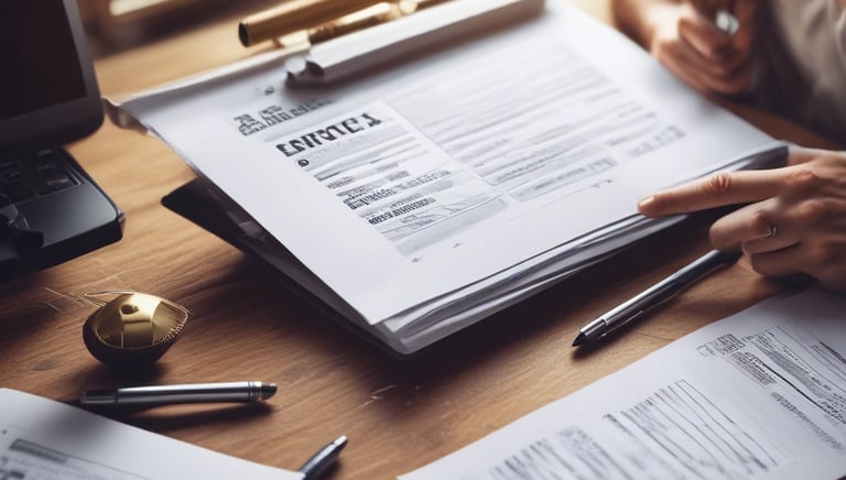 A professional accountant reviewing tax documents at a desk.