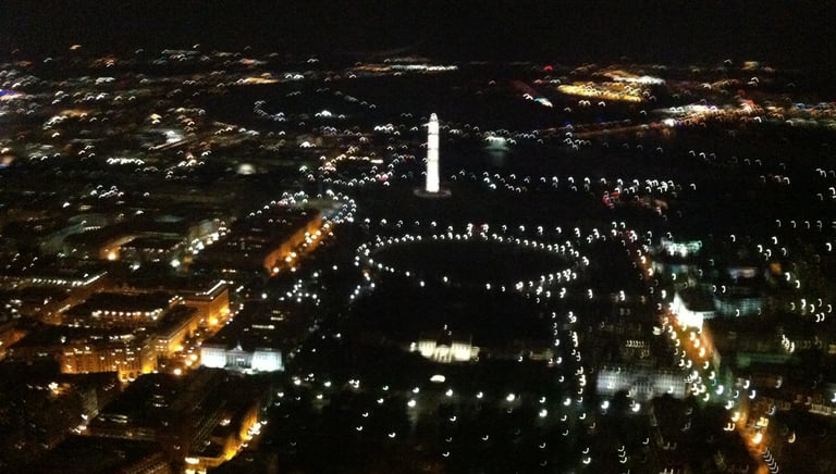 Washington Monument and White House Complex at night from Eagle 1, US Park Police