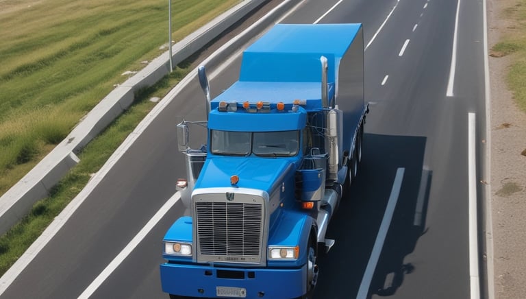 A truck loaded with cargo driving on a highway surrounded by greenery.