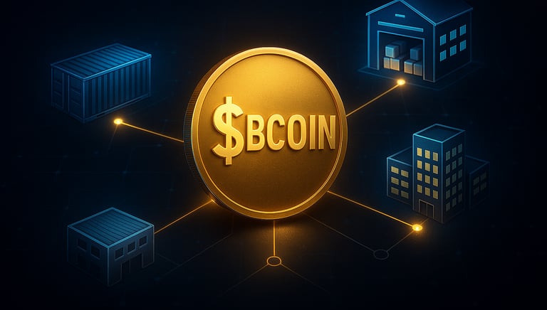 $BCOIN™ crypto wallet interface showing verified business transactions and staking rewards in a decentralized system