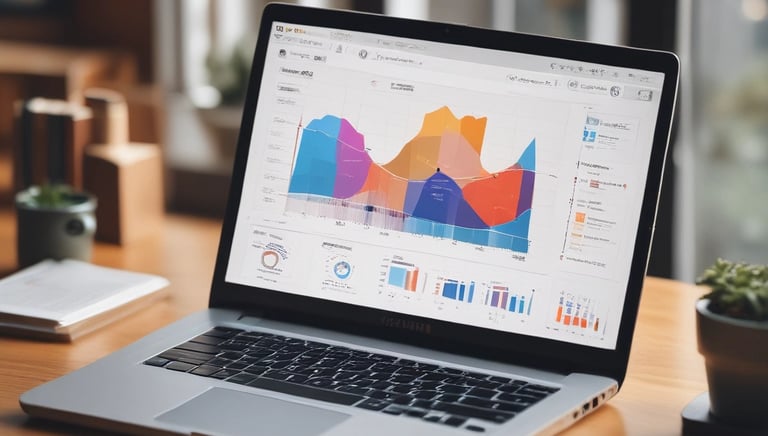 A laptop on a wooden desk displays a web application interface featuring graphs and statistics. Beside it, a large monitor shows a webpage promoting an all-in-one meeting app. A cup with a recognizable green and white logo sits on the desk.