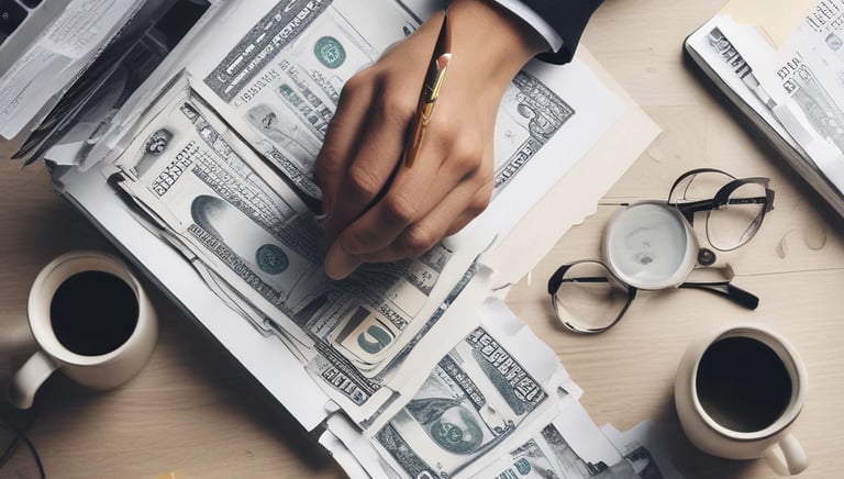 A person is holding a large amount of US dollars in their hands, wearing red shoes with white lettering, standing on a floor scattered with more dollar bills. The image has a warm, reddish-orange lighting.