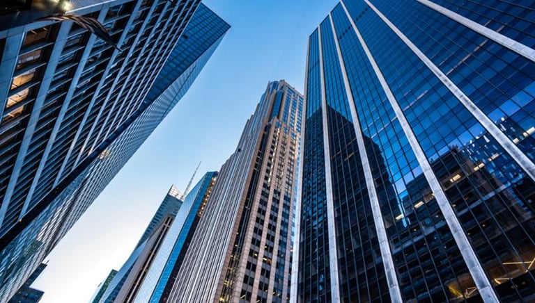 a city street scene with skyscrapers and skyscrapers