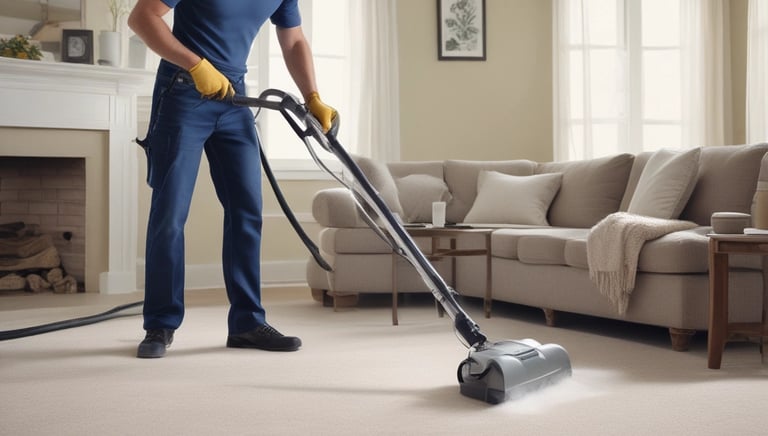 A professional cleaner using a steam machine on a vibrant carpet.