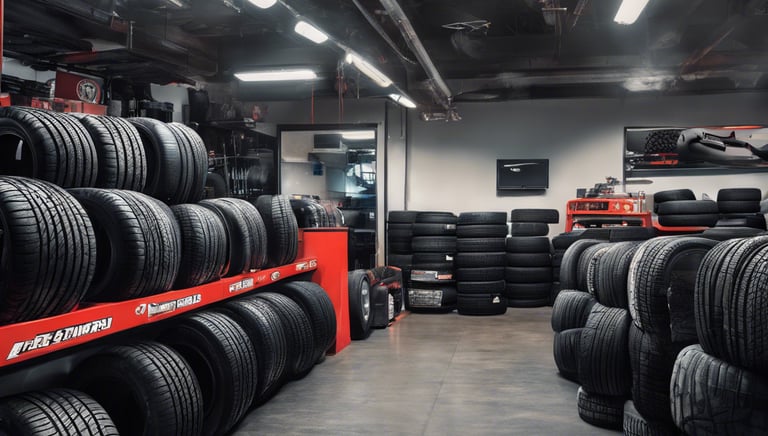 A storefront illuminated at night displays signage in Cyrillic, suggesting an automotive-related shop. The interior is brightly lit, showcasing shelves stocked with various automotive products and accessories. A car is parked in front of the glass window.