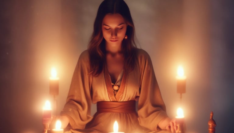 A serene meditation space with a wooden floor, featuring a blue mat and a meditation cushion placed on it. On the left, a potted plant adds a touch of nature. In the upper area, a gong hangs on a wooden stand against a brick wall, creating a calming atmosphere.
