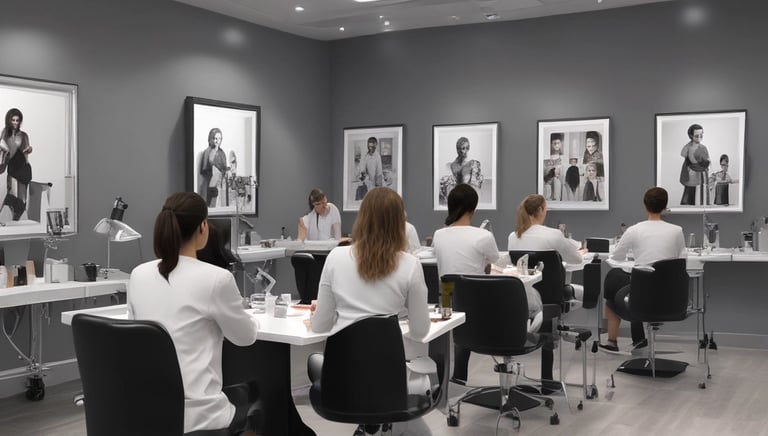 A group of students practicing techniques in a bright, modern training environment.
