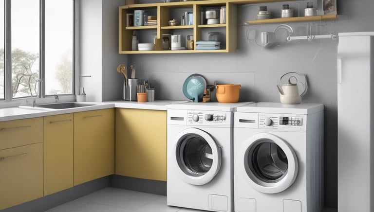 a kitchen with a washing machine and a refrigerator