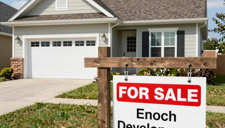 A modern, multi-story building under construction is centrally featured. The facade is primarily white, with large glass sections and several balconies. Surrounding the building are construction materials, including stacks of stone slabs. Advertising banners with colorful designs are visible on the building, and partly cloudy skies are overhead.