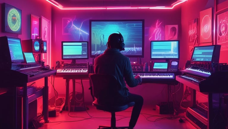 A person wearing headphones operates a sound mixing console in a radio studio. Surrounding them are various pieces of audio equipment, computer monitors displaying different software interfaces, and a microphone setup. There is a calendar and some notes on the desk.