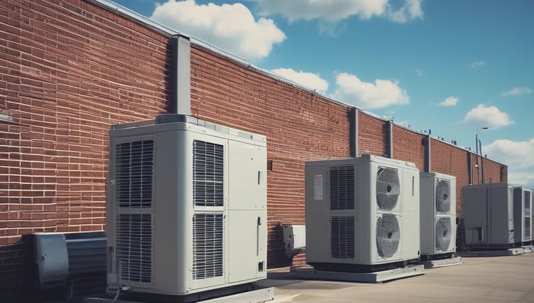 A modern, rectangular air conditioning or heating unit with the logo 'alpha innotec' is installed outside a building with a dark gray brick exterior. The unit is positioned against a light concrete wall, and there is overgrown grass along the edge of the pavement.