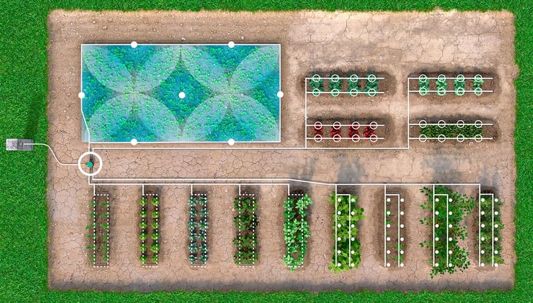 plan d'une installation d'arrosage dans un potager