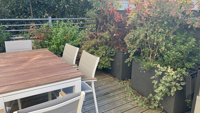 Terrasse aménagée avec nombreux bacs d'arbustes à fleurs