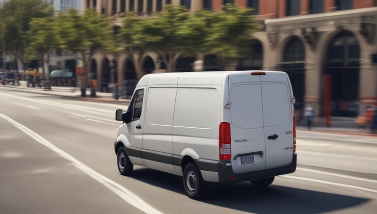 A cargo van driving on a highway under a clear blue sky.