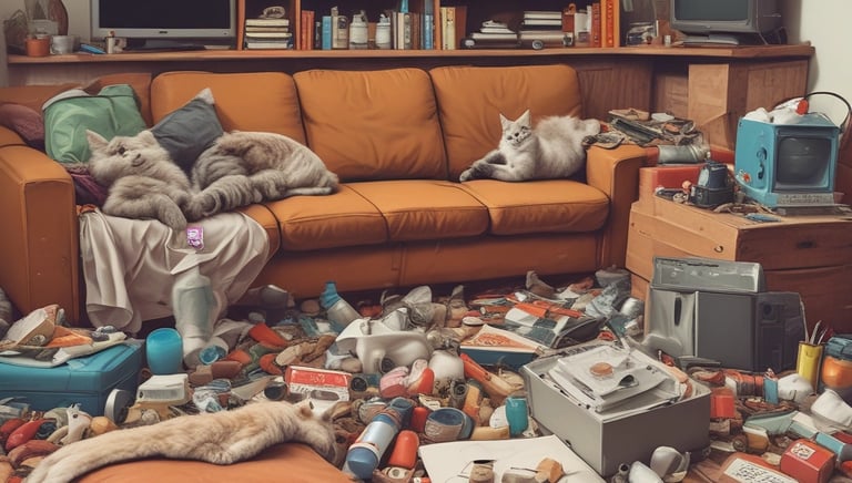 A cluttered room being organized by professionals, showing clear pathways and order.
