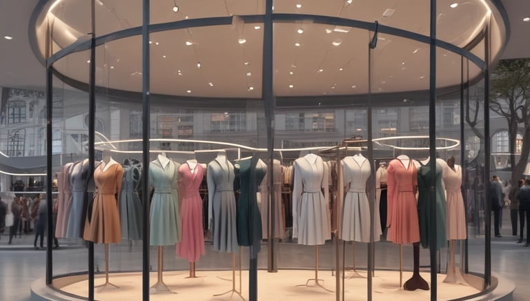 Several workers are suspended on ropes, cleaning the tall windows of a modern building. The building facade is covered with various advertisements and exhibits a sleek, industrial design. Two people are standing on the ground, watching the operations.