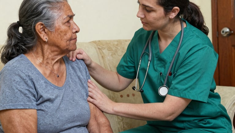 A warm caregiver sharing a smile with an elderly woman in a cozy living room.