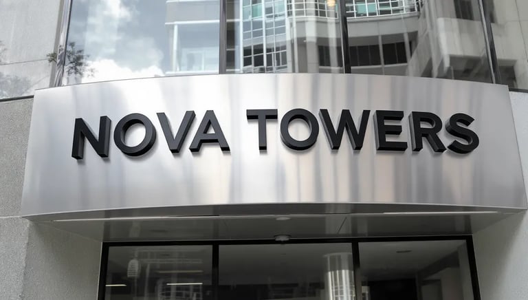 Brushed aluminium building signboard on glass tower – SignageBoard.ae