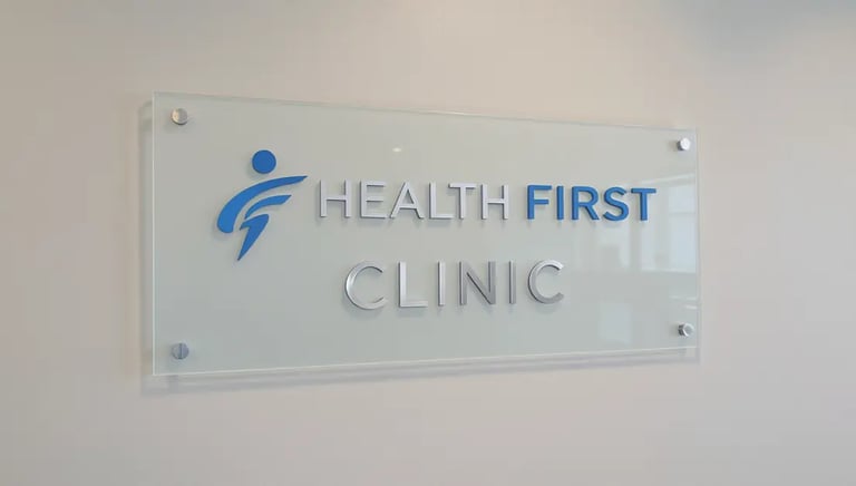 Acrylic clinic reception signboard with HEALTH FIRST CLINIC logo – SignageBoard.ae