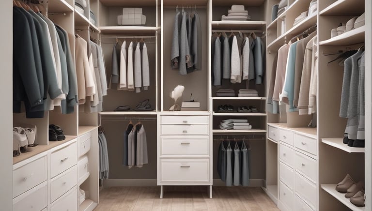 A modern and organized wardrobe with sliding doors, featuring a section with neatly hung shirts and a second section with folded clothes and boxes. To the left, there is a built-in vanity area with a circular mirror, small vanity table, and an elegant stool with woven fabric. The shelves contain handbags, shoes, and decor items. Soft lighting illuminates the space, highlighting the minimalist design.