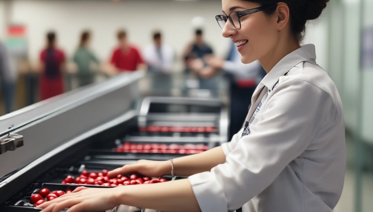 A spacious industrial facility with high ceilings and extensive use of metal and industrial materials. The interior is well-lit, featuring clean, organized rows of machinery and equipment. A single person is walking in the distance, emphasizing the scale of the space. The environment appears to be a manufacturing or industrial warehouse with marked walkways and large doors.
