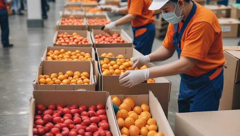 A large industrial space with massive machinery, including engines and generators. Two workers are operating and maintaining the equipment on a checkered floor under a high ceiling with steel beams.